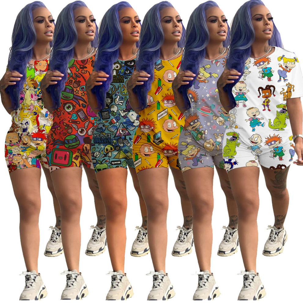 

Fashion Cartoon Printed Casual Set S-3XL Womens Designer Tracksuit Short Sleeve Outfits 2 Piece Set Shirt Short Shirt Pant Sport Suits, Gray