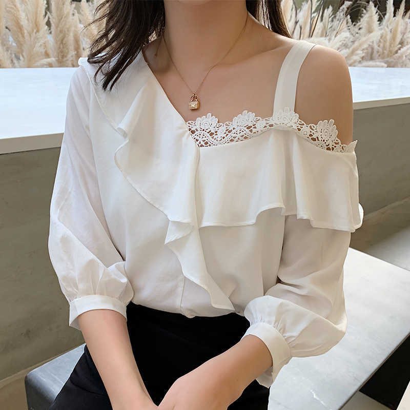 

Summer Puff Sleeve Ladies Shirts White with Lace Chiffon Blouse Women Skew Collar Plus Size Female Clothing Blusas 13901 210527
