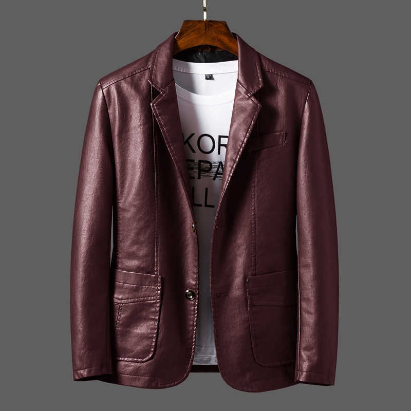 

Plus Size -6XL Spring Autumn Mens PU Leather Jacket Slim Fit Casual Blazer Coats Men Faux Leather Blasers Masculino MY164 X0909, Red