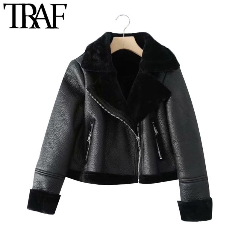 

TRAF Women Fashion Thick Warm Winter Fur Faux Leather Cropped Jacket Coat Vintage Long Sleeve Female Outerwear Chic Tops 211029, As picture