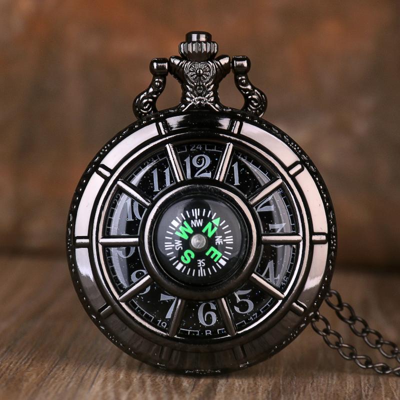 

Pocket Watches Compass Fashion Design Vintage Hollow Skeleton Watch Black Starry Round Dial Antique Pendant Clock Gifts Men Women