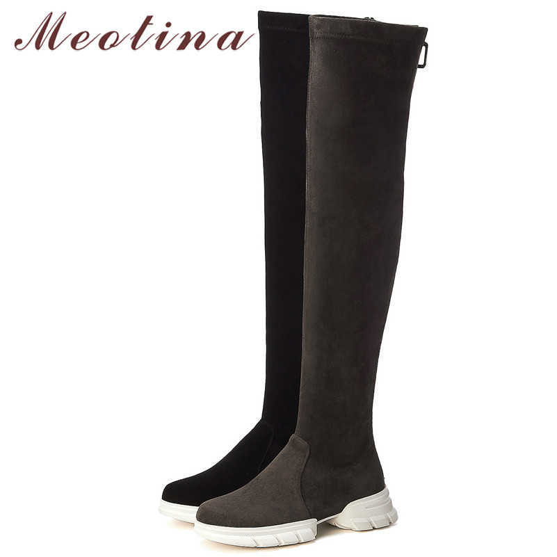 

Meotina Winter Over The Knee Boots Women Cow Suede Thick Heel Thigh High Boots Slim Stretch Zipper Shoes Ladies Fall Size 34-39 210608, Black synthetic lini
