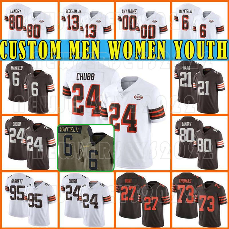 

Custom 6 Baker Mayfield Clevelands 24 Nick Chubb 13 Odell Beckham Jr 95 Myles Garrett Football Jersey Brown 80 Jarvis Landry Greg Newsome II Jeremiah Owusu-Koramoah, Custom women +patch(bulang)