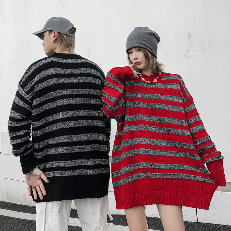 

2021 New Harajuku Color Match Striped Streetwear Sweaters Men and Women Pullovers Crew Neck Oversize Casual Mesh Sweater Tops G7xo, Red.