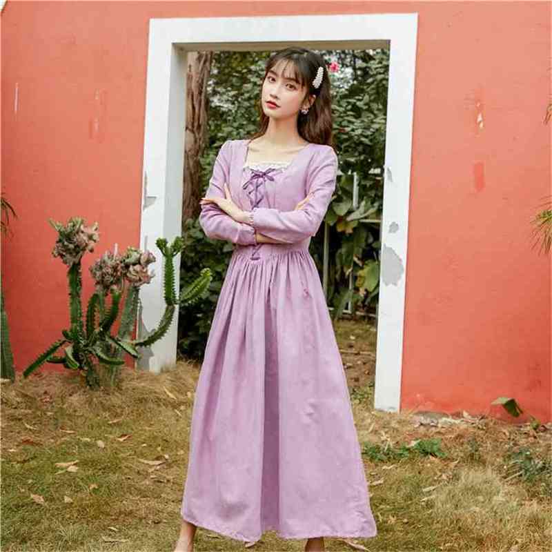

Cotton Long Women Dress Mid-calf Fit and Flare Bandage Prairie Chic Style Full Sleeve Square Collar 210603, Blue