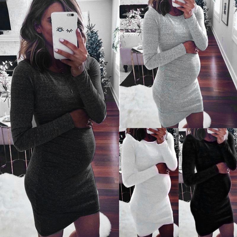 

Maternity Dresses 2022 Fashion Mother Home Clothes DressPregnancy Pregnant Women Long Sleeve Bodycon Casual Dress, White