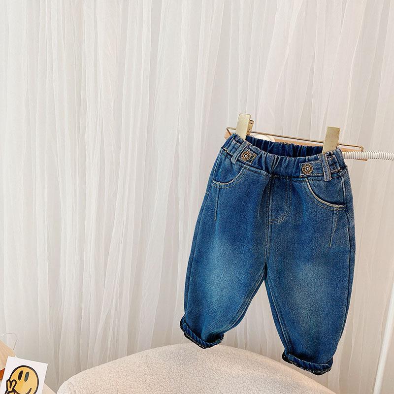

Jeans Children Kids Thicken Fleece Solid Denim Straight Loose Pants Girls Fashion Full Length Trousers, As pic
