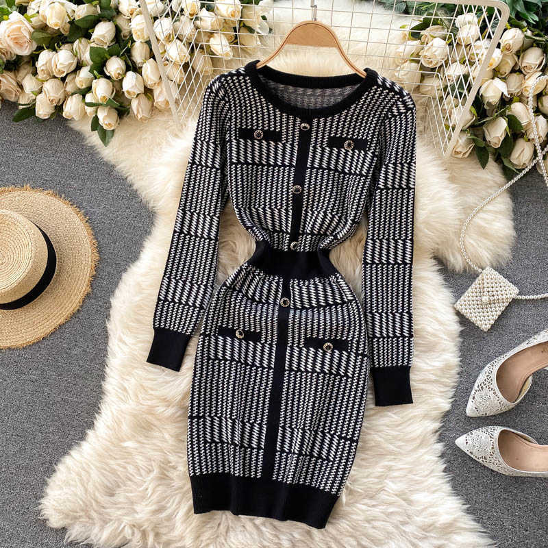 

Women Design Knitted Dress Korean Warm Long Sleeve Slim Pencil Dresses Autumn Winter Bodycon Sweater Short Dress 210602, Black