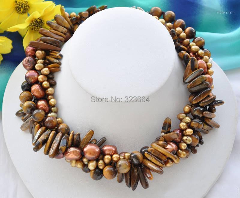 

4strands NATURE Tiger's-eye Coffee Baroque Freshwater Pearl Necklace 18inch Chains