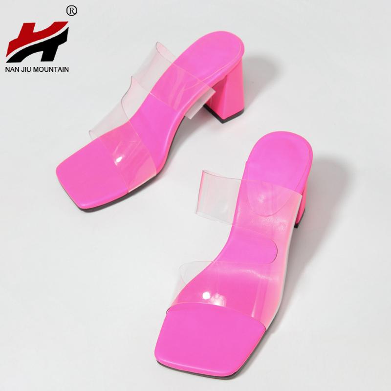 

NAN JIU MOUNTAIN Sandal Slippers For Women Summer High Heel Sandals Square Toe Sandals Candy Colors Comfortable Thick Heel, Rose red