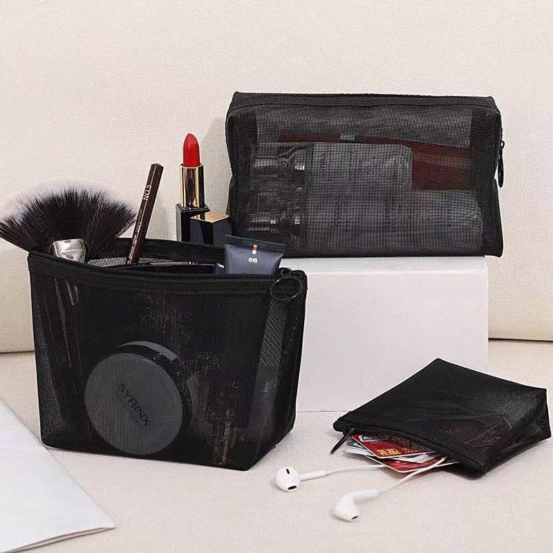

Large-capacity simple black mesh cosmetic bag three-piece multifunctional travel storage bag storage mesh makeup organizer, 3piece