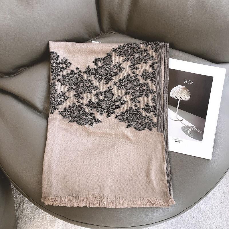 

Berets 2021 Fashion Winter Spain Viscose Scarf Lace Floral Fringe Hijab Shawls And Wraps Female Foulard Echarpe Designer, Blue;gray