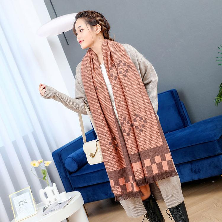 

Scarves 2021autumn And Winter Tassel Imitation Cashmere Women's Scarf Thousand Bird Lattice Knitted Sweet Thickened Warm Outer Shawl