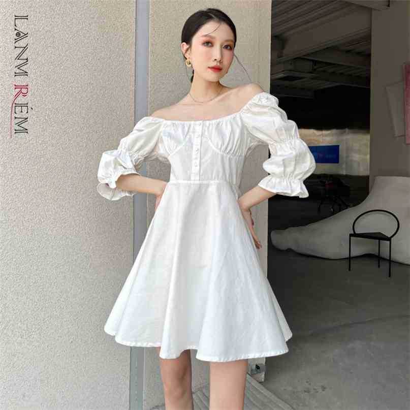 

Spring Summer White Lantern Sleeve Dress Women Large Size Dresses Ladies Elegant Party Clothes 2D1543 210526