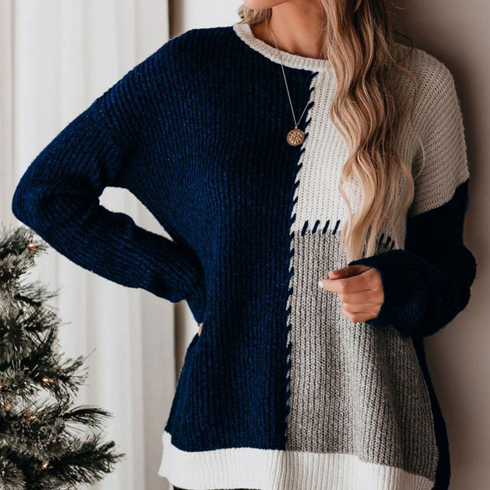 

2021 New Women Winter Long Sleeve Patchwork Loose Sweater Vintage Color Block Pullovers Harajuku Jumpers Elegant Knitting Top 294v, Black
