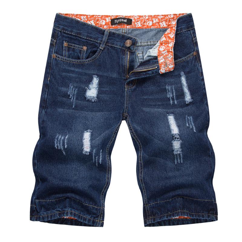 

summer denim shorts mens straight tube young piercing mid - cropped trousers leg short jean, Dark blue