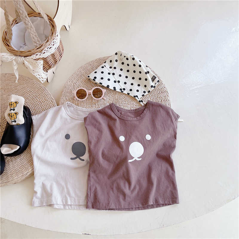 

Korean style baby girls sleeveless T shirts summer cartoon cotton loose soft Tees 210615, Apricot