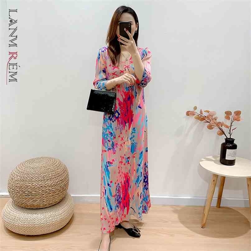 

Women Retro Printing Long Dress Round Neck Large Size Loose Fit Three Quarter Sleeves Pleated Fashion Summer 2H246 210526, Blue
