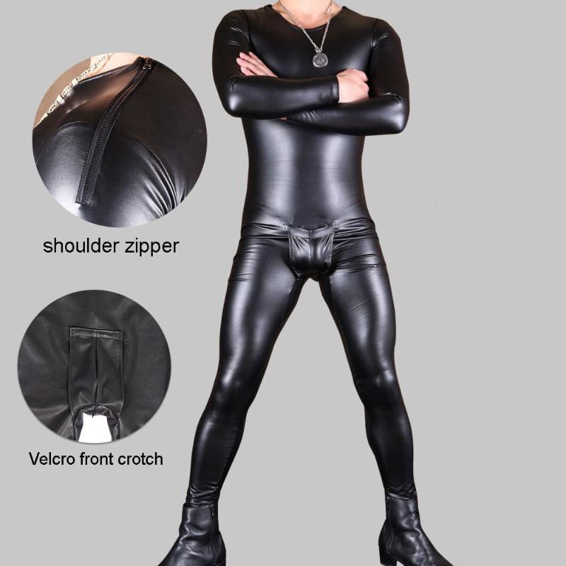 Gym Clothing Elastic PU Leather Light Fleece Warm Autumn Winter Thermal Underwear Sets Tights Unitard Jumpsuit Mens Lingerie Bodysuit Romper