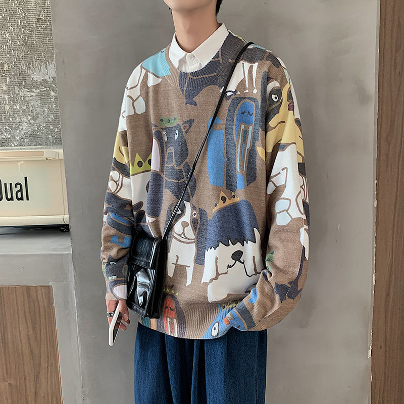 

2021 New Men Printed From Cartoons Cashmere Sweaters Clothes Keep Warm Sweater Around the Neck Brown Sweaters/grey Knitting Wool Size -2xl, Gray.