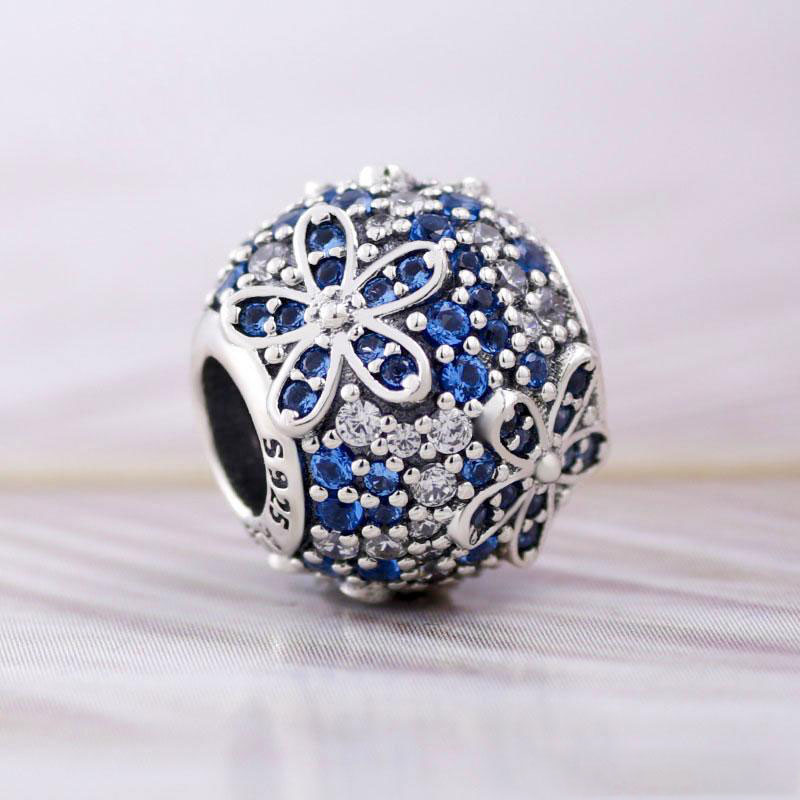 

2022 Spring 925 Sterling Silver Teal Pave Daisy Flower Charm Bead For European Jewelry Charm Bracelets