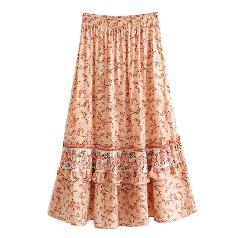 

Spring Bohemian Stitching wood ears Ruffles Skirt Vintage Women Elastic Waist Maxi Long Swing Skirts Orange pink color Femme, Red