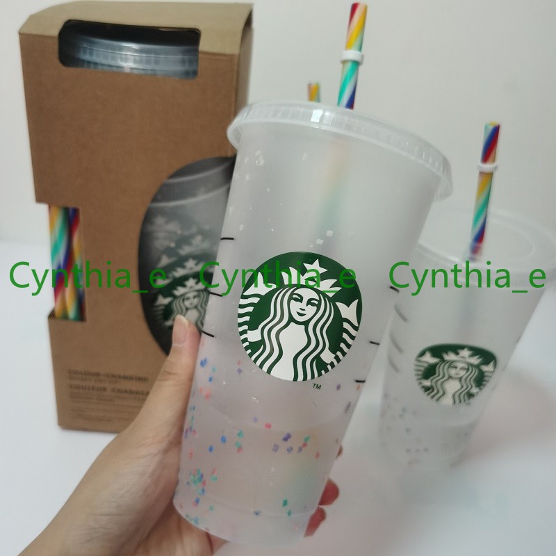 

5pcs 24OZ/710ml Starbucks Rainbow Plastic Tumbler Reusable Clear Drinking Flat Bottom Cup Pillar Shape Lid Straw Mug Bardian L3, Customize