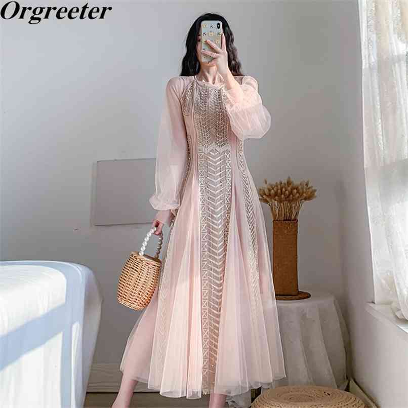 

Retro Temperament Mesh Lace Patchwork High Quality Beaded Slim Long Dress With Suspender Two-piece Sets Female 210602, Pink