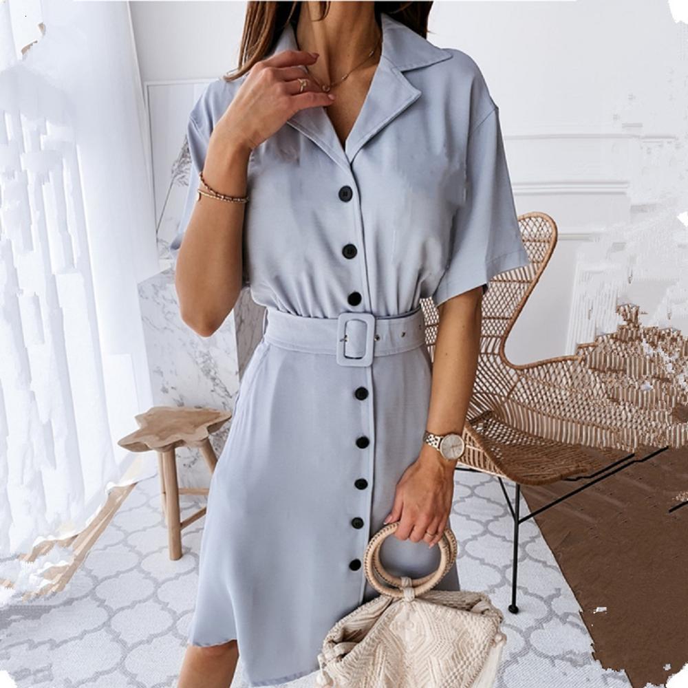 

2021 Women Fashion Front Button a Line Sashes Solid Color Short Sleeve V-neck Sun New Summer Stylish Mid Boho 4wwc, Blue