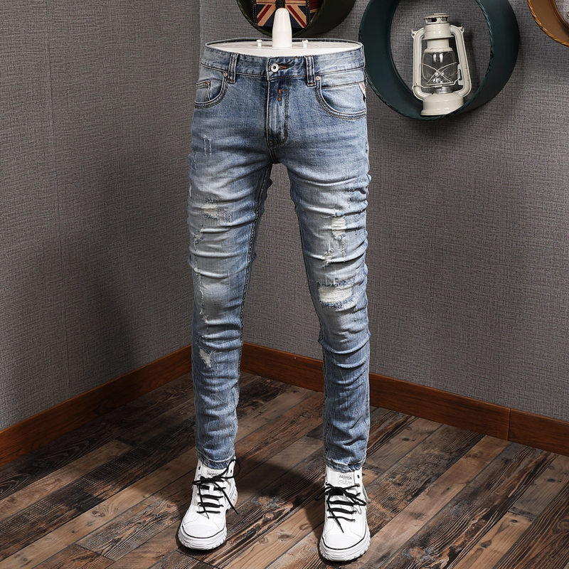 

2021 New Italian Style Fashion Men High Quality Elastic Slim Fit Destroyed Ripped Jeans Patchwork Vintage Designer Hip Hop Pants Rr6v, Light blue