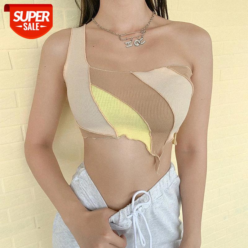 

One shoulder Contrast club female camisole summer street Patchwork chic knitting crop tops simple skinny woman tank top #BX2j, White