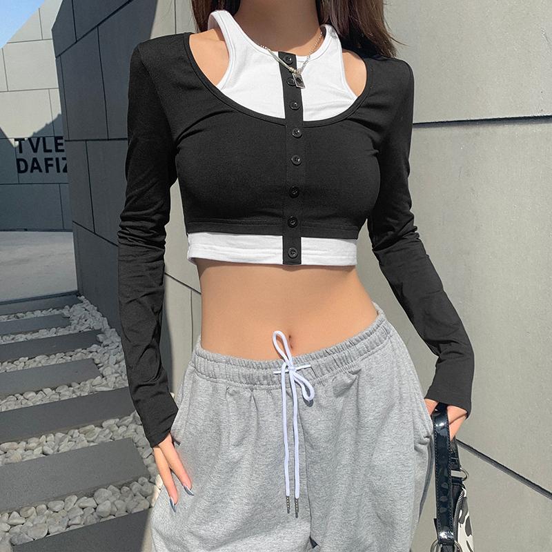 

Women' T-Shirt Spring And Autumn Black Stitching Contrast Color Fake Two-piece Long-sleeved Preppy Style All-match Tops Women