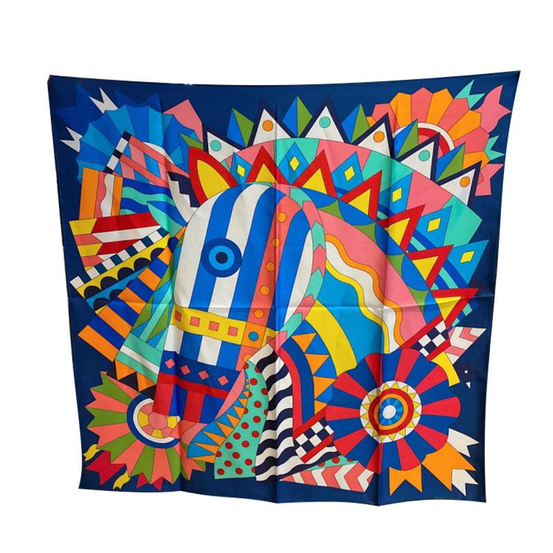 

Scarves 100% Mulberry Pure Silk Scarf Women Geometric Zebra Square Wraps Head Handkerchief Foulards Bandana 90x90CM, Blue;gray