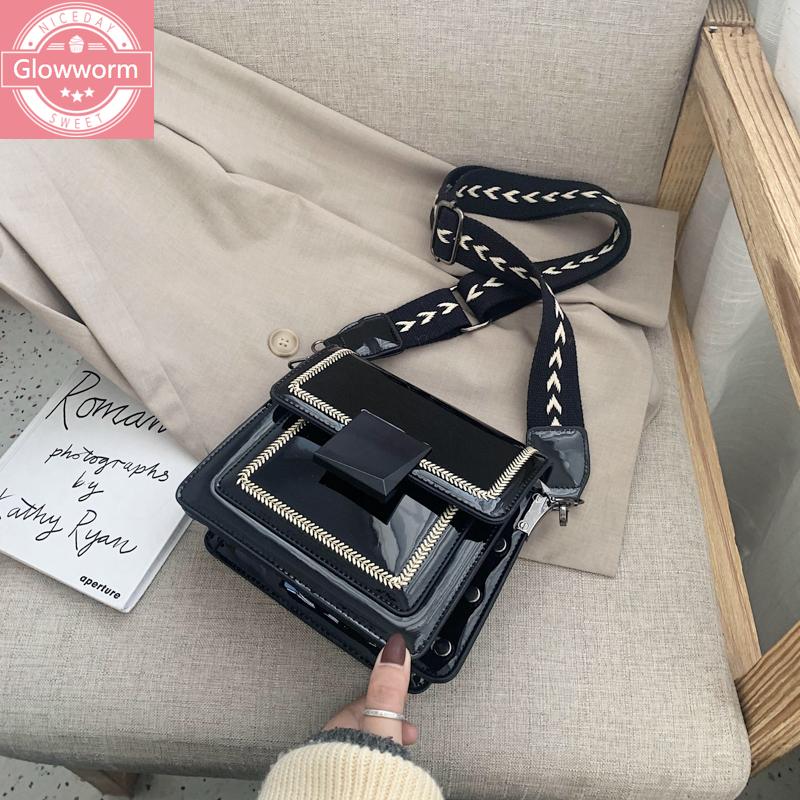 

2021 new women's bag wide shoulder strap shoulder bag fashion messenger casual women's shiny ladies, Black