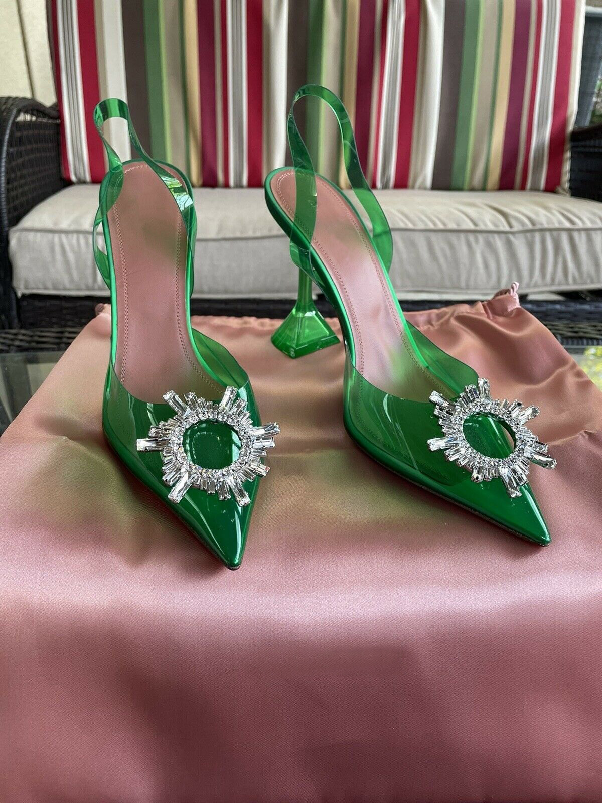 

Green Amina Italy Muaddi Sandal Pumps 95 Begum Glass Pvc Shoes Sling Crystal Party Paris Pyramid-style Heel Kim Kardashian