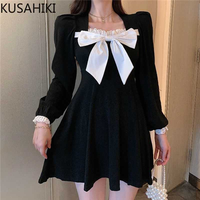 

KUSAHIKI Women Dress Korean Bowknot Square Collar Sweet Vestidos Femme Puff Sleeve High Waist A-line Dresses 6G011 210602, Black