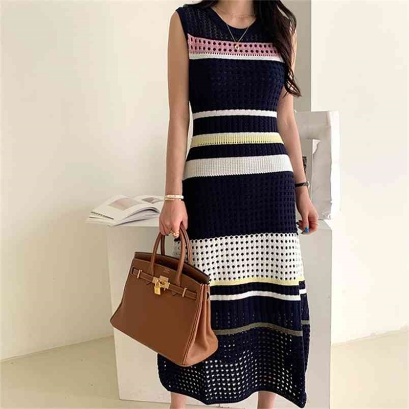 

arrival Runway Knitting Hollow out maxi dress Women Sleeveless Striped Pathcwork vestido mujer verano robe femme 210603, Picture color