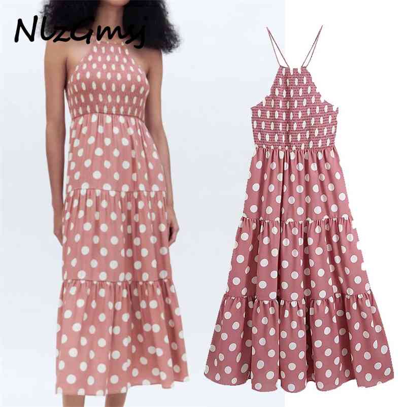 

Summer Dot Printed Halter Dresse Elegant Backless Dress Sleeveless Mid Calf Ladies 05 210628, As picture