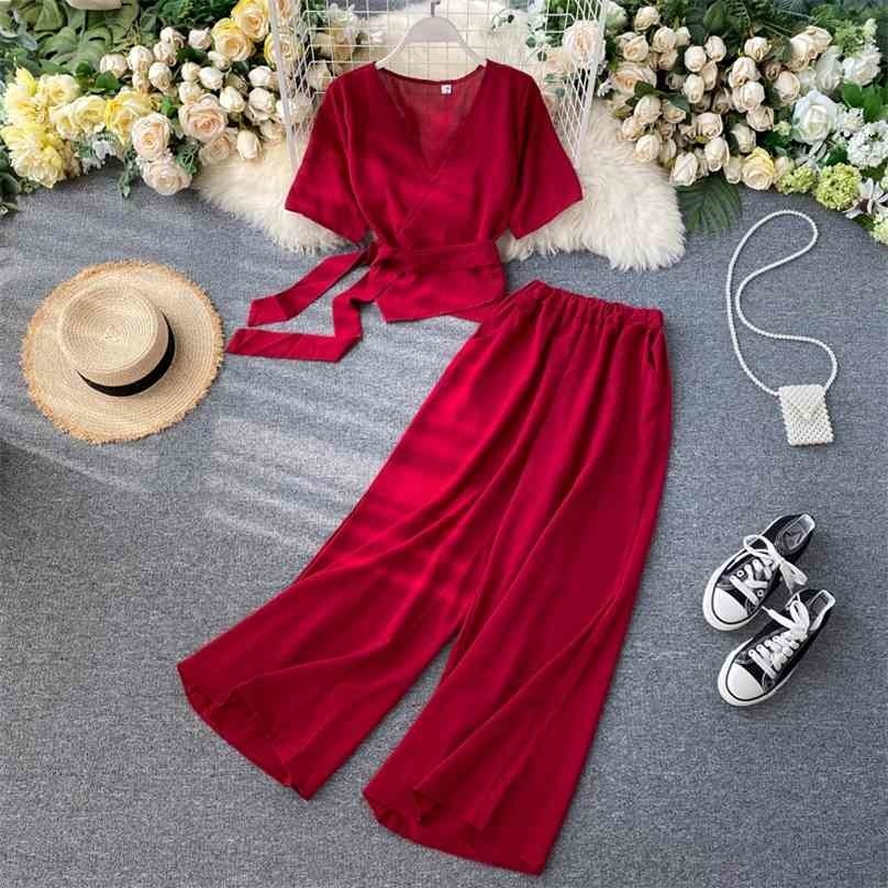 

Fashion Women V Neck Bandage Top + High Waist Wide Leg Pants Outfit Suits Summer Elegant Woman Solid Two Piece Sets 210525