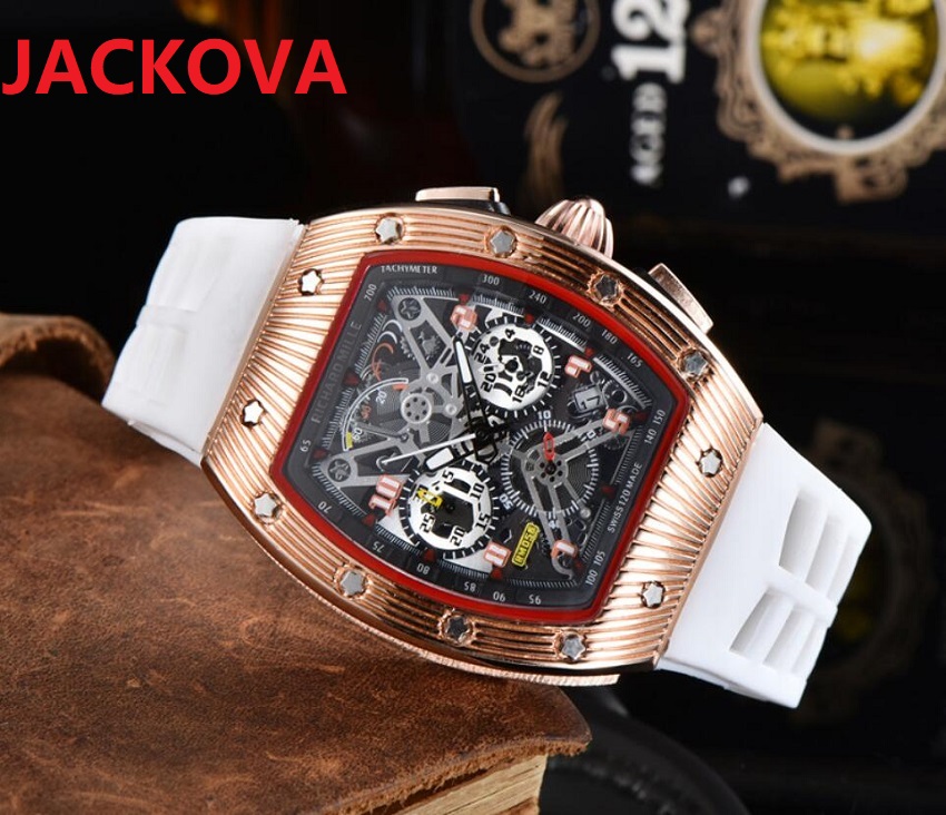 

Mens Full Functonal Skeleton Dial Designer Quartz Watches Rubber Silicone Strap WristWatch Montre De Luxe Gifts, As pic