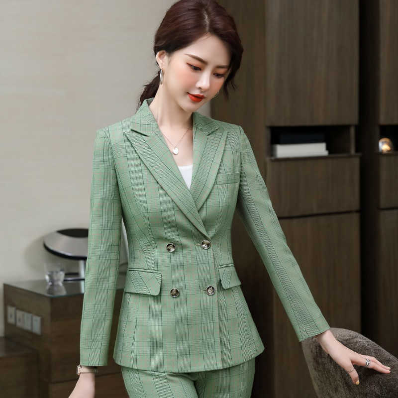 

High quality S-4XL women's business pants suit two-piece temperament double breasted plaid female jacket Slim trousers 210527, Brown pants