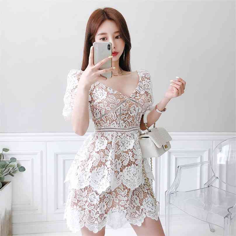 

ladies summer sexy for women Summer Dress wear koera Fashion v-neck floral Lace Club Mini Dresses 210602, White