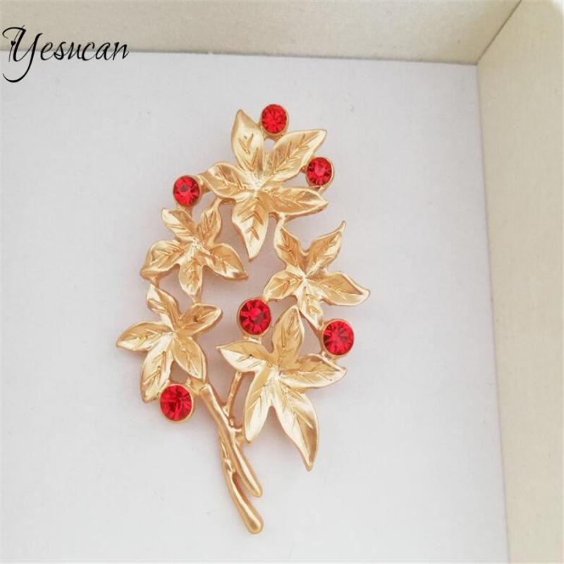 

Pins, Brooches 2021 Creative Blooming Tree For Women Gold Color Leaf Shape Red Rhinestone Coat Collar Pins Party Grace Clothes Jewelry