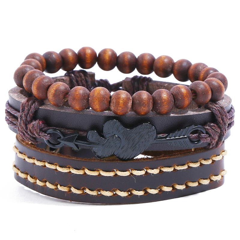 

Bangle Jessingshow 3Pcs/Set Vintage Men's Genuine Leather Bracelet Wood Beads Charm Multilayer Braided Women Bangles Jewelry