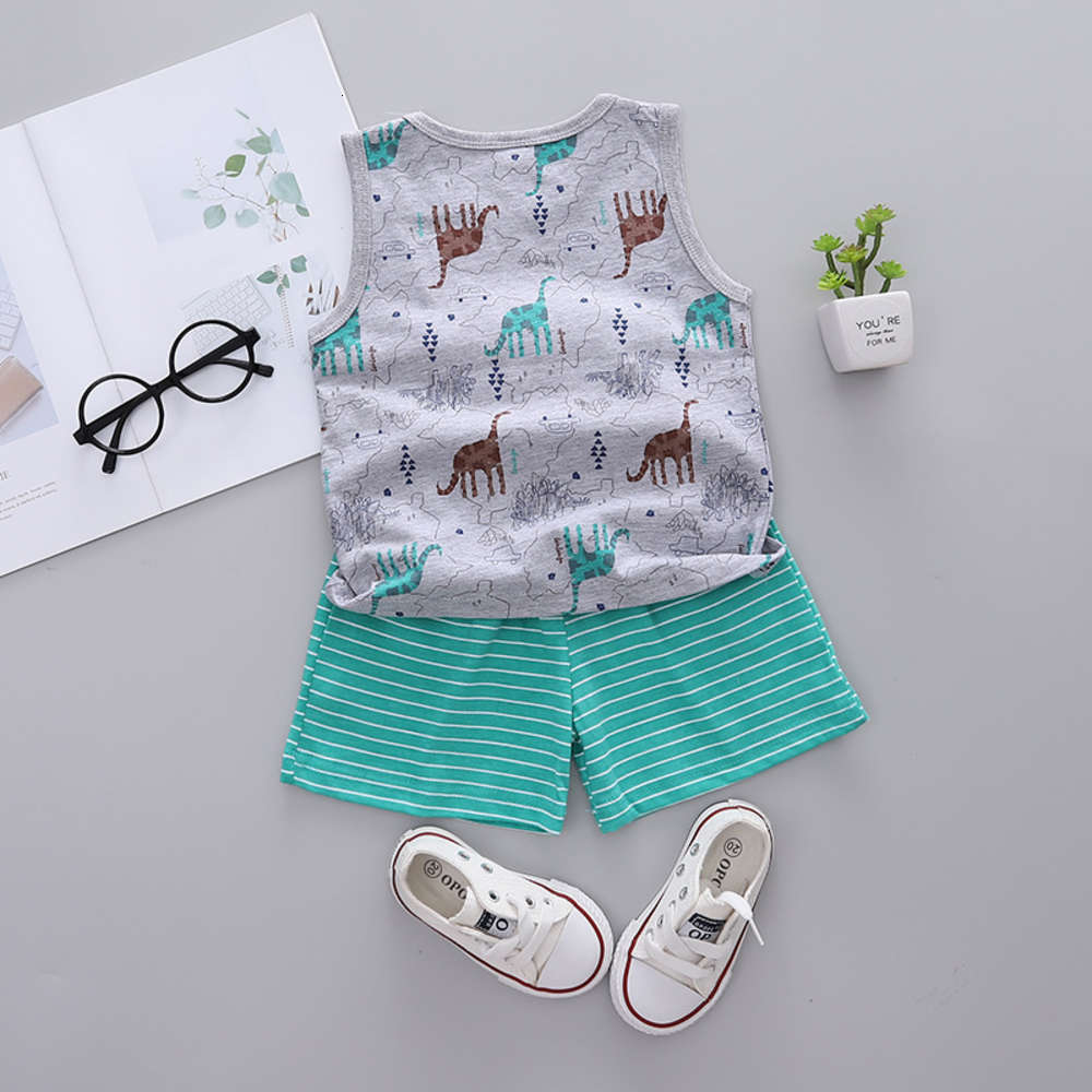 

Boys and girls suits Children's fashion children's set summer full print short sleeve dinosaur vest shorts two piece, White
