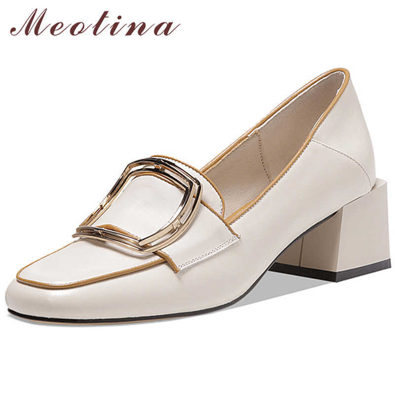 

Meotina Square Toe Women Shoes Natural Genuine Leather High Heels Block Heel Pumps Buckle Female Footwear Spring Beige Size 42 210608