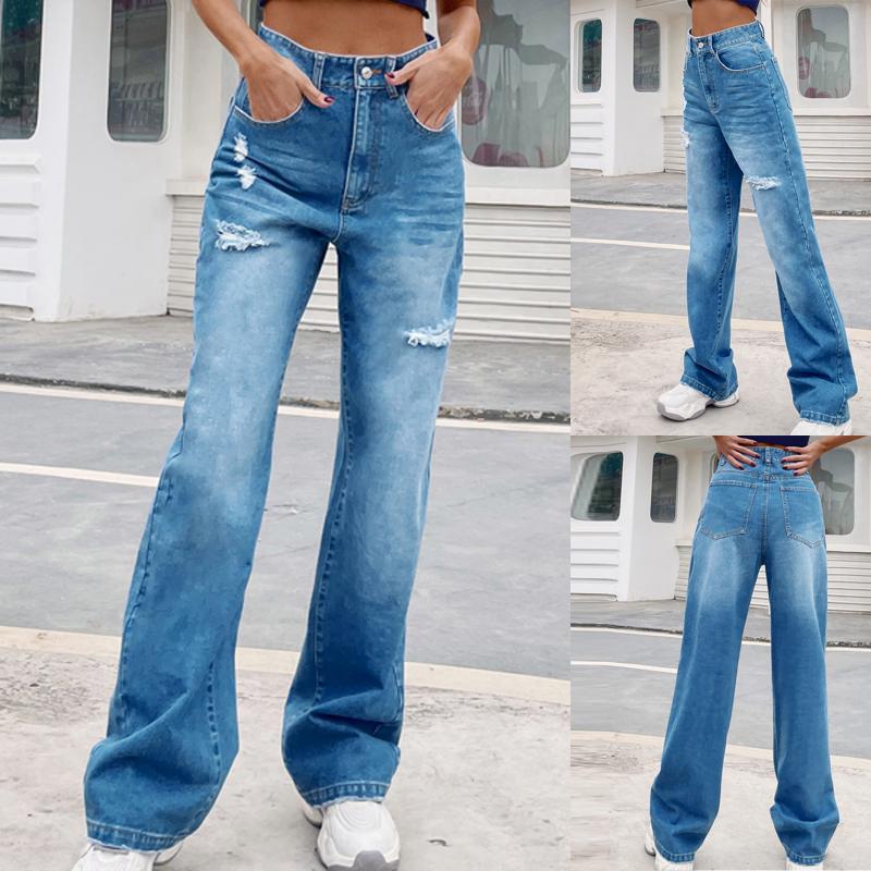 

Yoga Outfit Women Ripped Jeans Streetwear Female High Waist Baggy Straight Leg Pants Casual Solid Hole Boyfriend Denim Trousers