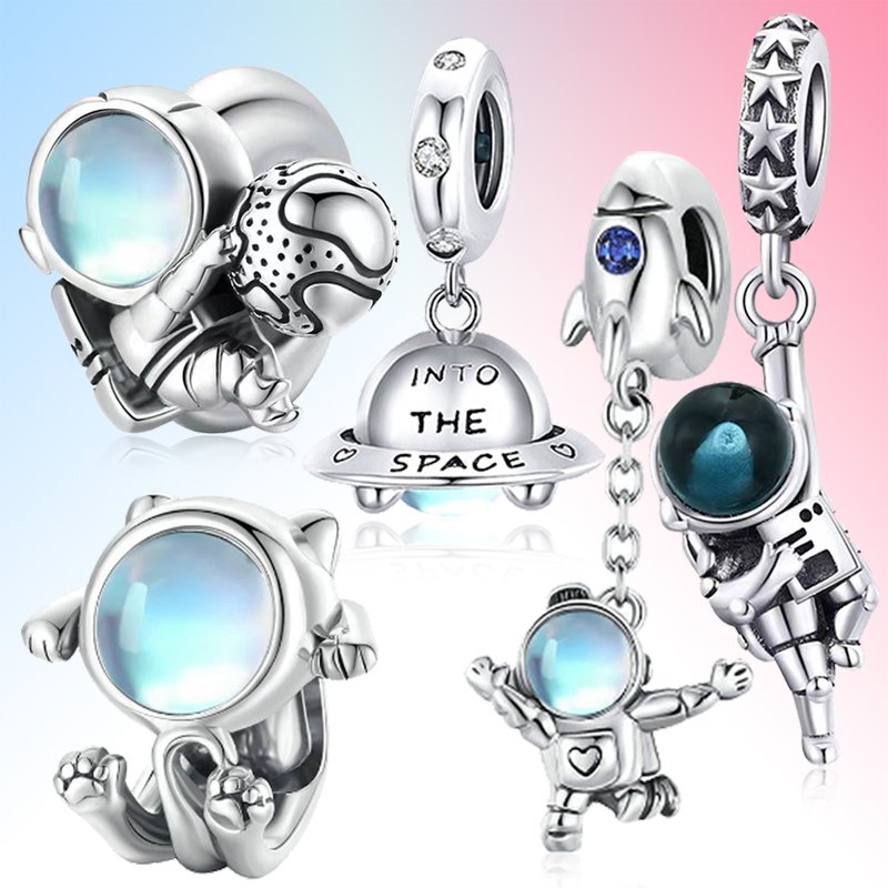 

925 sterling silver spaceship and astronaut space cat metal pendant, original Bracelet DIY jewelry beads charm Q0531