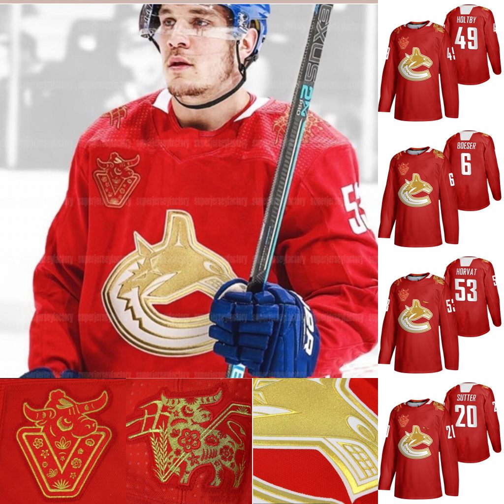 

Vancouver Canucks 2021 Lunar New Year Jersey Bo Horvat Quinn Hughes Braden Holtby Alexander Edler Brandon Sutter Elias Pettersson Demko, Women 2021 lunar new year jersey