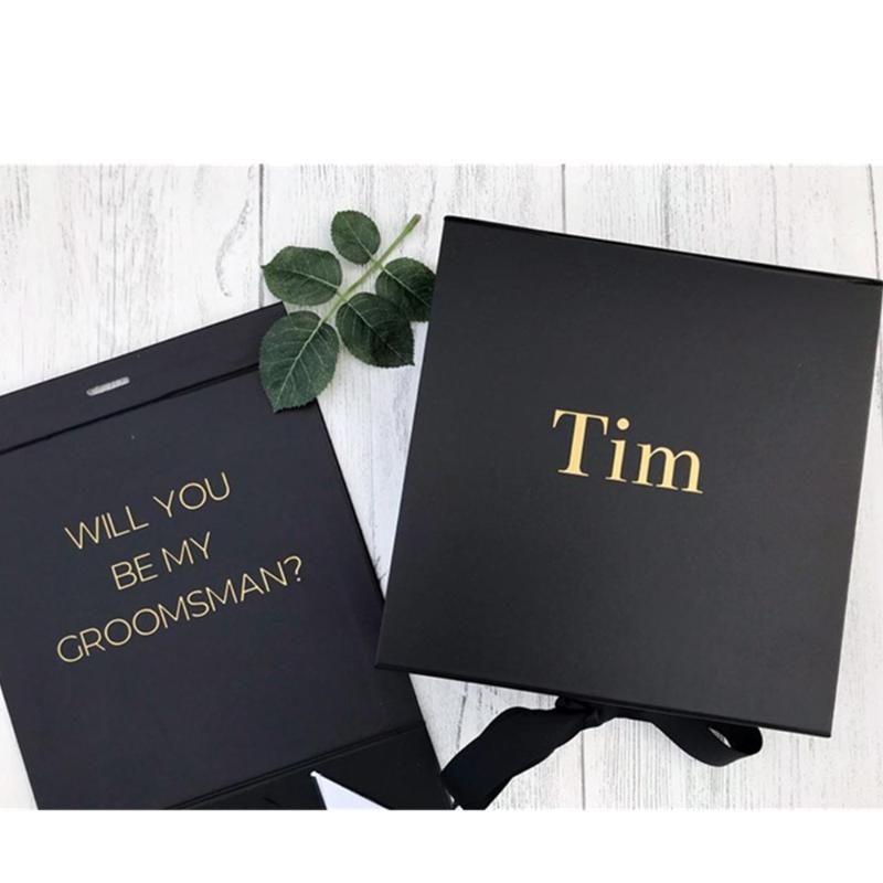 

Gift Wrap Personalised Black And Gold Will You Be My Man Box, Custom Proposal Luxury Groomsmen Box With Name,